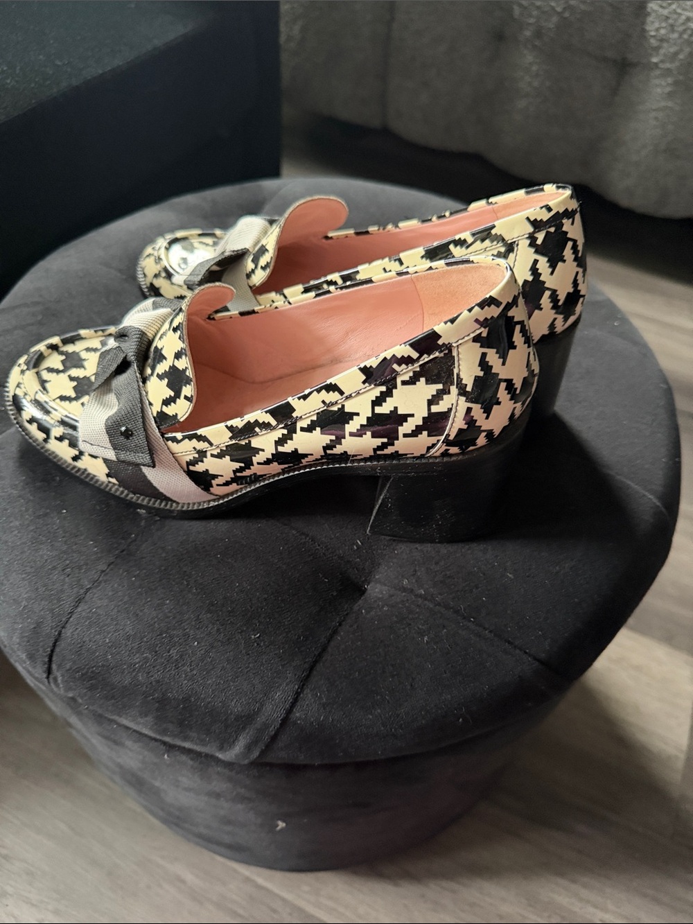 Kate Spade Leandra Loafer: Houndstooth Low Block Heel Loafers - Black & Cream